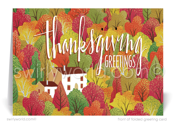 Send warm Thanksgiving wishes with Swirly World's whimsical greeting card. Featuring vibrant fall trees and a cozy white house in the woods, this unique design brings autumn charm to your message. Choose from flat or folded cards, with custom imprinted envelopes available for a personalized touch.