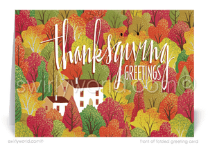 Send warm Thanksgiving wishes with Swirly World's whimsical greeting card. Featuring vibrant fall trees and a cozy white house in the woods, this unique design brings autumn charm to your message. Choose from flat or folded cards, with custom imprinted envelopes available for a personalized touch.