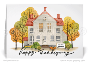 Swirly World Thanksgiving Cards - Capture autumn’s beauty with our watercolor-style Thanksgiving card, featuring a vintage farmhouse and vibrant fall trees. Ideal for Realtors, the design includes a customizable signpost for your logo, making it a perfect blend of warm wishes and brand recognition.