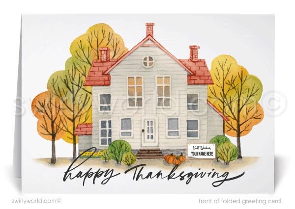 Swirly World Thanksgiving Cards - Capture autumn’s beauty with our watercolor-style Thanksgiving card, featuring a vintage farmhouse and vibrant fall trees. Ideal for Realtors, the design includes a customizable signpost for your logo, making it a perfect blend of warm wishes and brand recognition.