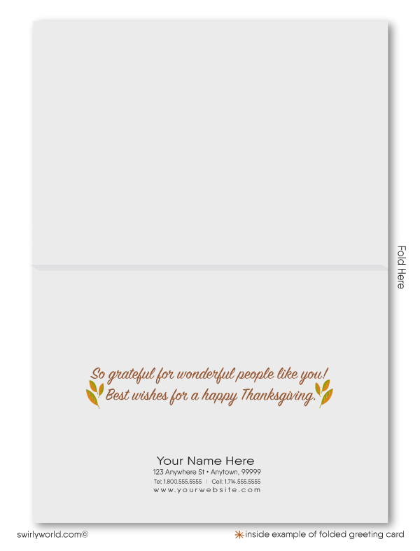 Elevate your Thanksgiving with Swirly World's mid-century modern greeting cards. Featuring an abstract turkey and retro typography in vibrant fall colors, customize your card with Corjl. Choose from flat or folded options, with personalized envelopes available for a unique holiday touch.