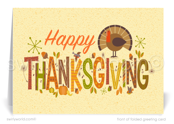 Elevate your Thanksgiving with Swirly World's mid-century modern greeting cards. Featuring an abstract turkey and retro typography in vibrant fall colors, customize your card with Corjl. Choose from flat or folded options, with personalized envelopes available for a unique holiday touch.