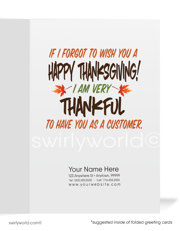 Funny Turkey Humorous Business Happy Thanksgiving Greeting Cards for Customers