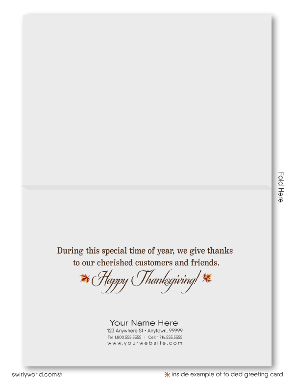 Celebrate Thanksgiving with Swirly World’s elegant business cards, featuring cascading golden fall leaves and a picturesque "Happy Thanksgiving" banner. Customizable wording and logo options allow for a personal touch, perfect for showing appreciation to clients and customers this holiday season.