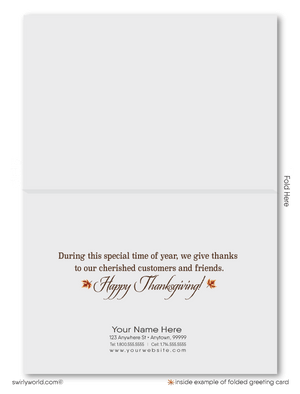 Business Thanksgiving Card with Golden Fall Leaves and "Happy Thanksgiving" Banner: Customizable Message