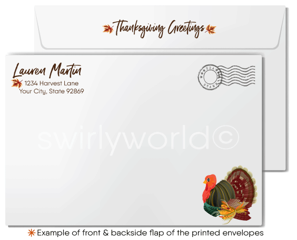 Business Thanksgiving Card with Golden Fall Leaves and "Happy Thanksgiving" Banner: Customizable Message
