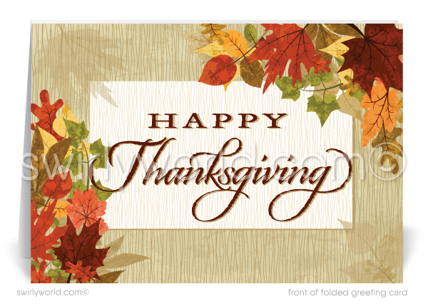 Celebrate Thanksgiving with Swirly World’s elegant business cards, featuring cascading golden fall leaves and a picturesque "Happy Thanksgiving" banner. Customizable wording and logo options allow for a personal touch, perfect for showing appreciation to clients and customers this holiday season.