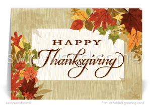 Celebrate Thanksgiving with Swirly World’s elegant business cards, featuring cascading golden fall leaves and a picturesque "Happy Thanksgiving" banner. Customizable wording and logo options allow for a personal touch, perfect for showing appreciation to clients and customers this holiday season.