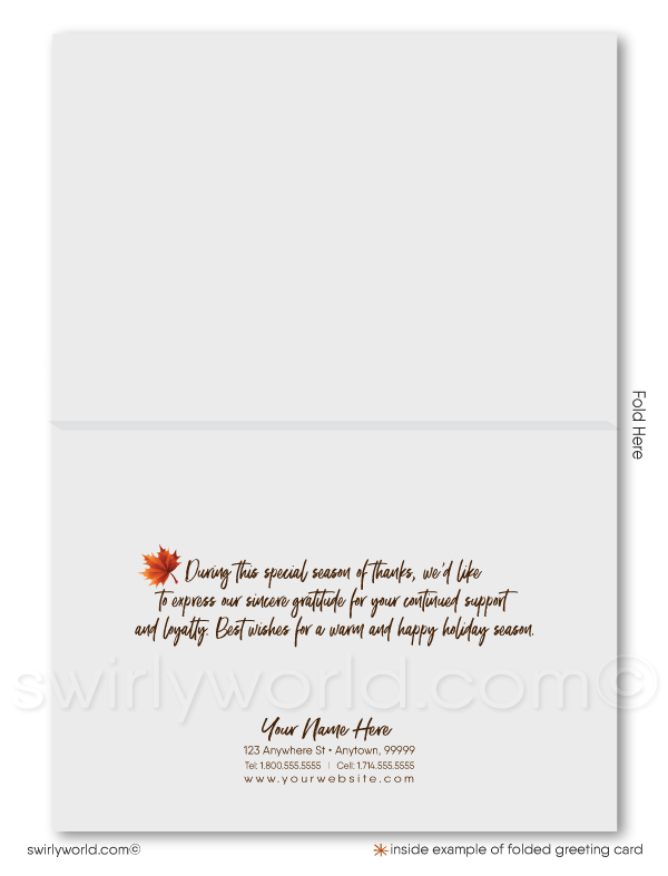 Show your gratitude this season with Swirly World’s elegant Thanksgiving cards for businesses. Featuring cascading golden leaves and a "Happy Thanksgiving" banner, these cards evoke warmth and nostalgia. Customize the message and add your logo for a lasting impression on clients and customers.