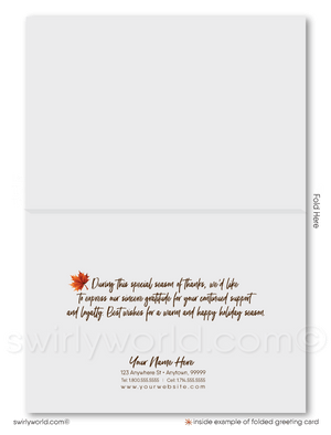 Business Thanksgiving Card with Golden Fall Leaves and "Happy Thanksgiving" Banner: Customizable Options