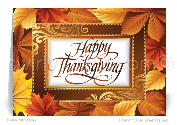 Show your gratitude this season with Swirly World’s elegant Thanksgiving cards for businesses. Featuring cascading golden leaves and a "Happy Thanksgiving" banner, these cards evoke warmth and nostalgia. Customize the message and add your logo for a lasting impression on clients and customers.