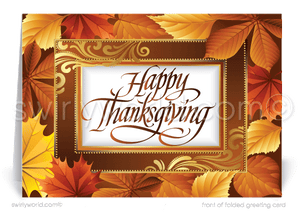 Show your gratitude this season with Swirly World’s elegant Thanksgiving cards for businesses. Featuring cascading golden leaves and a "Happy Thanksgiving" banner, these cards evoke warmth and nostalgia. Customize the message and add your logo for a lasting impression on clients and customers.