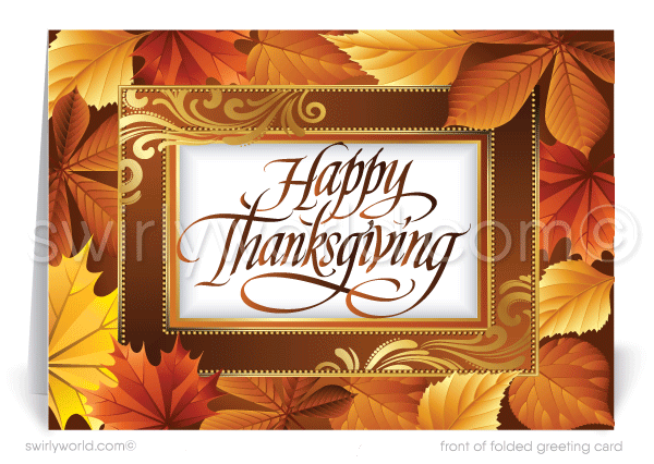 Traditional Rustic Fall Autumn Leaves Corporate Company Business Happy Thanksgiving Cards for Customers.