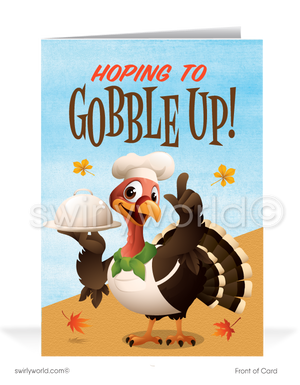 Celebrate Thanksgiving with this fun card featuring a cartoon turkey holding a chef's platter and the message, "Hoping To Gobble Up!" Inside reads, "Some More Of Your Business! Best Wishes for a Happy Thanksgiving." Personalize the message and add your logo. Available in flat or folded styles with custom envelopes.