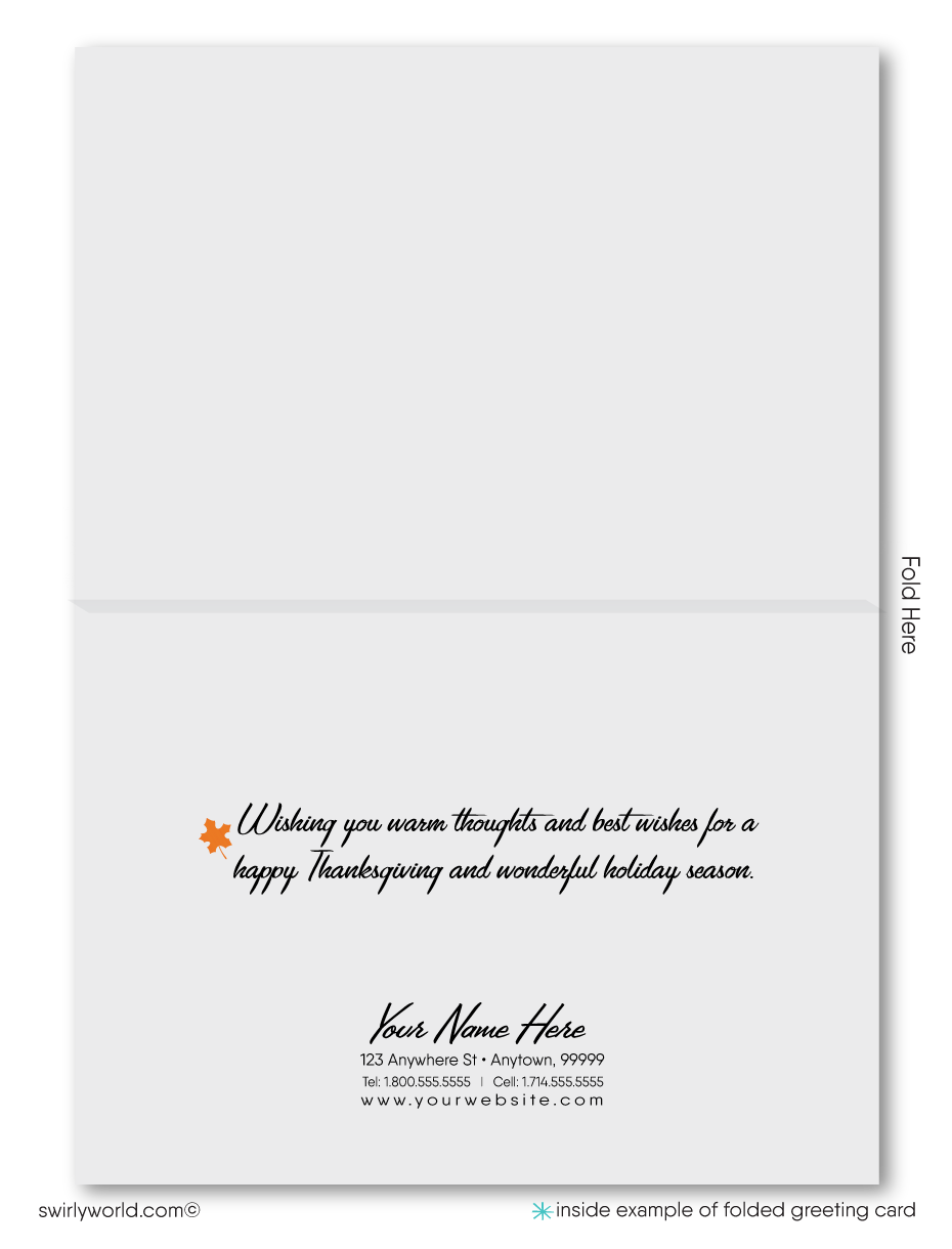 Embrace fall with Swirly World's retro atomic mid-century Thanksgiving card, featuring a playful pattern of fall leaves and a whimsical "Thankful" banner. Crafted on premium cardstock, choose flat or folded styles, with custom imprinted envelopes available for a personalized touch this season!Greeting Cards