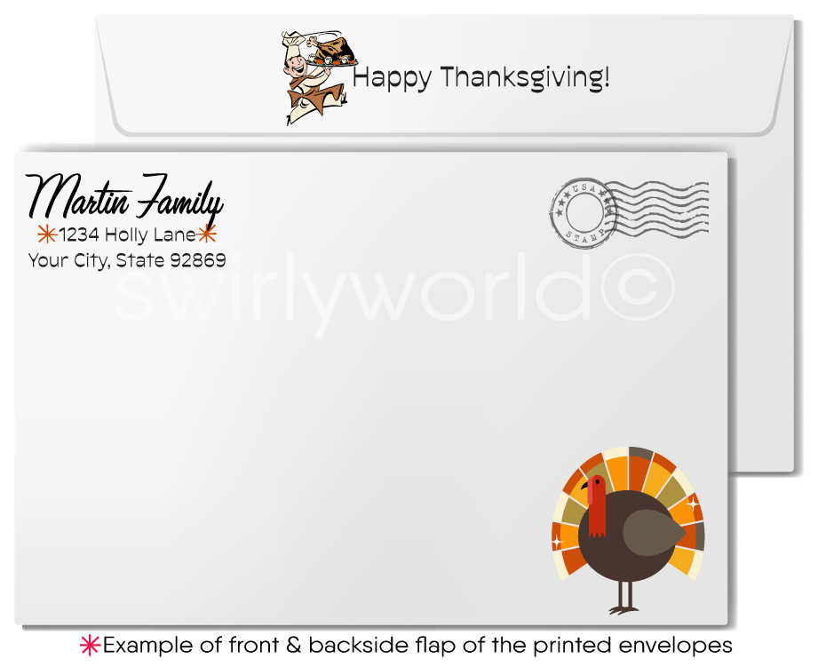 Retro Atomic Mid-Century Thanksgiving Card with "Thankful" Banner and Fall Leaves