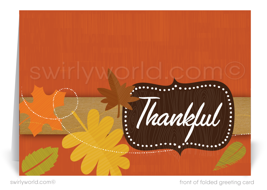Embrace fall with Swirly World's retro atomic mid-century Thanksgiving card, featuring a playful pattern of fall leaves and a whimsical "Thankful" banner. Crafted on premium cardstock, choose flat or folded styles, with custom imprinted envelopes available for a personalized touch this season!Greeting Cards