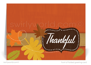 Embrace fall with Swirly World's retro atomic mid-century Thanksgiving card, featuring a playful pattern of fall leaves and a whimsical "Thankful" banner. Crafted on premium cardstock, choose flat or folded styles, with custom imprinted envelopes available for a personalized touch this season!Greeting Cards