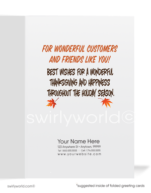 Humorous Thanksgiving Card – Cartoon Pilgrim Turkey with Falling Leaves and Gratitude Message