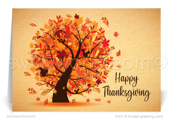 Whimsical Fall Foliage Tree Professional Happy Thanksgiving Cards for Business Customers.