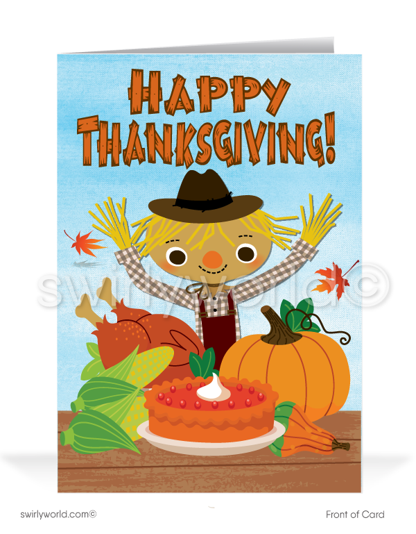 Celebrate Thanksgiving with Swirly World! Our charming card features an adorable scarecrow surrounded by a Thanksgiving feast with "Happy Thanksgiving" on the front and a heartfelt message inside. Personalize the wording and envelopes for a unique touch. Strengthen business relationships with these special cards.
