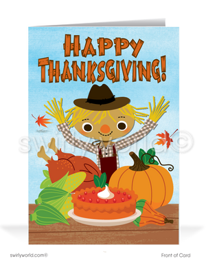 Celebrate Thanksgiving with Swirly World! Our charming card features an adorable scarecrow surrounded by a Thanksgiving feast with "Happy Thanksgiving" on the front and a heartfelt message inside. Personalize the wording and envelopes for a unique touch. Strengthen business relationships with these special cards.