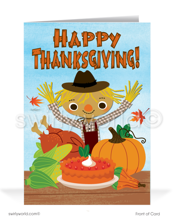 Festive Fall Cute Scarecrow Business Thanksgiving Cards for Customers
