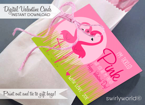 Palm Springs Retro Modern Pink Flamingos Valentine's Day Cards Digital Printable Download