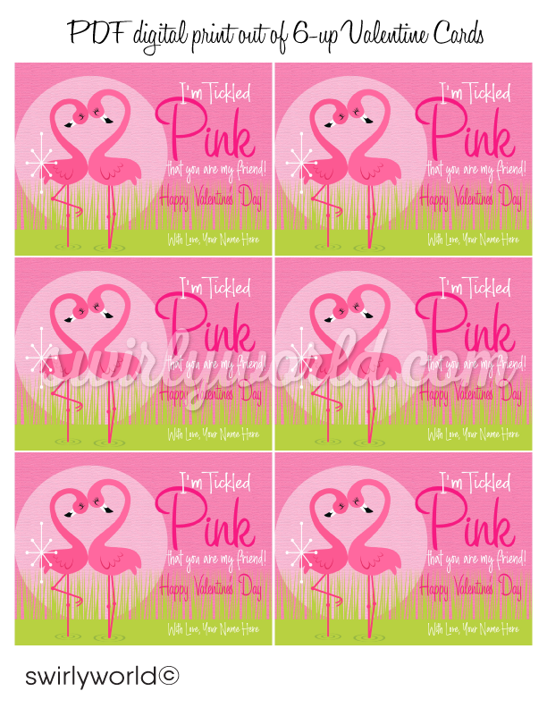 Palm Springs Retro Modern Pink Flamingos Valentine's Day Cards Digital Printable Download