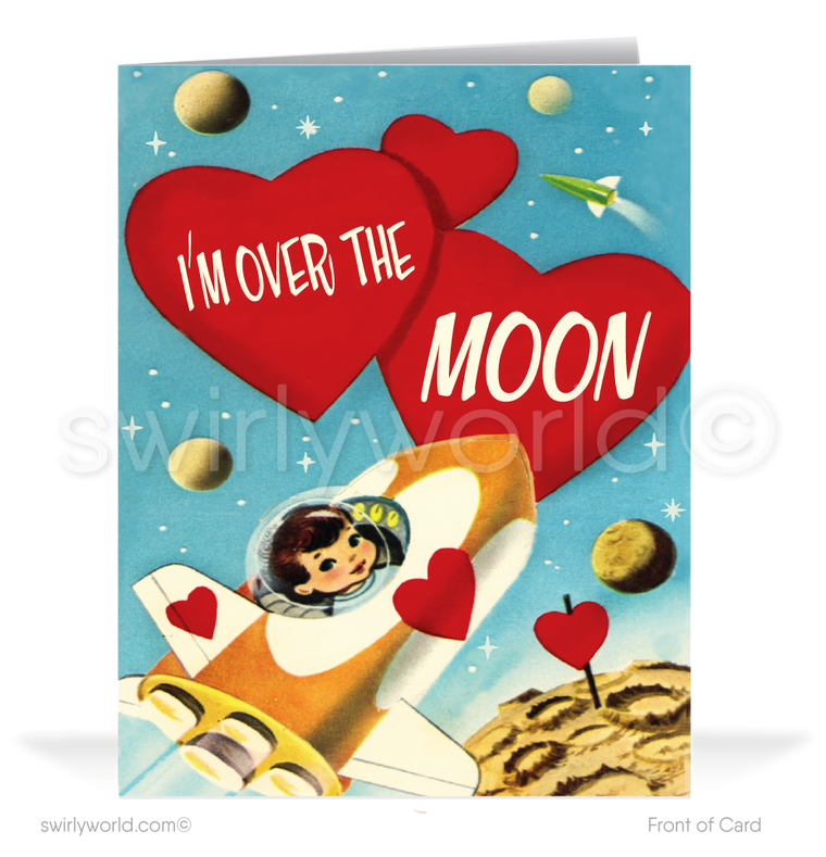 Charming 1940s-1950s Vintage-Inspired Valentine's Day Cards: Retro Rocket  in Space