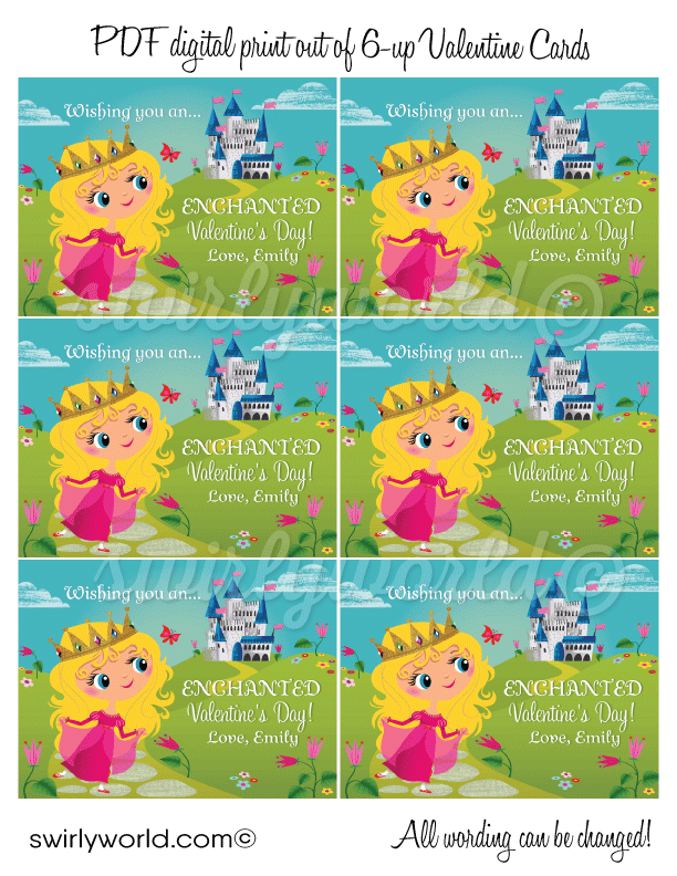 Girls Printable Princess Classroom Valentine's Day Cards for Digital Download