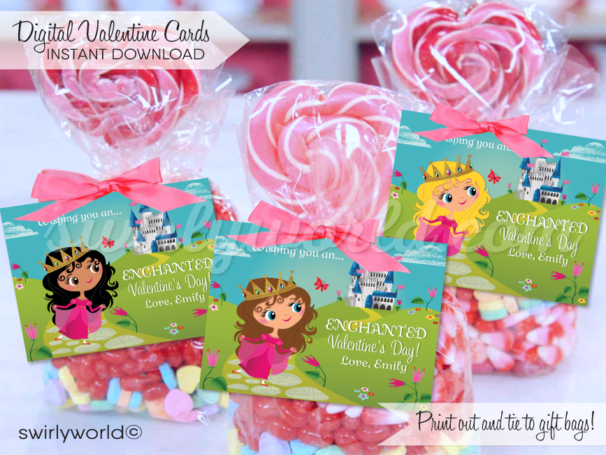 Fairy Princess castle medieval Valentine's cards for girls. Unique school classroom Valentine's Day cards for girls.