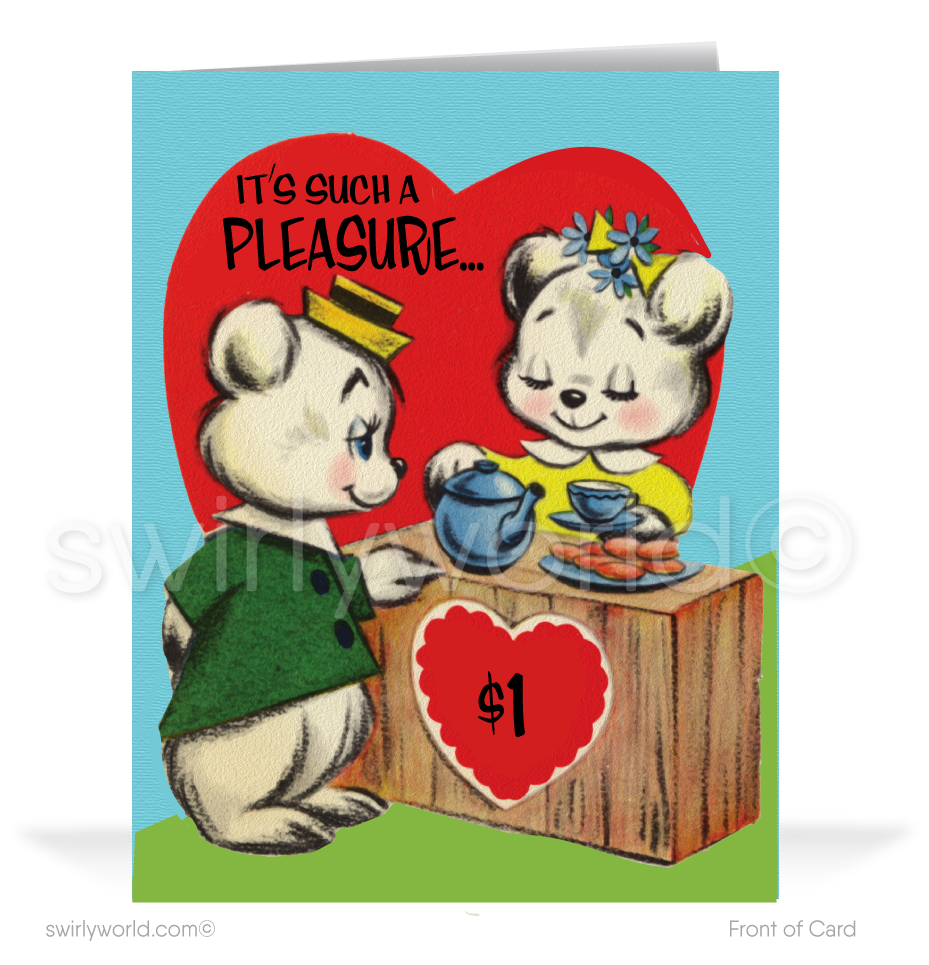 Charming 1940s-1950s Vintage-Inspired Valentine's Day Cards: Cute Retro Bears with Hearts