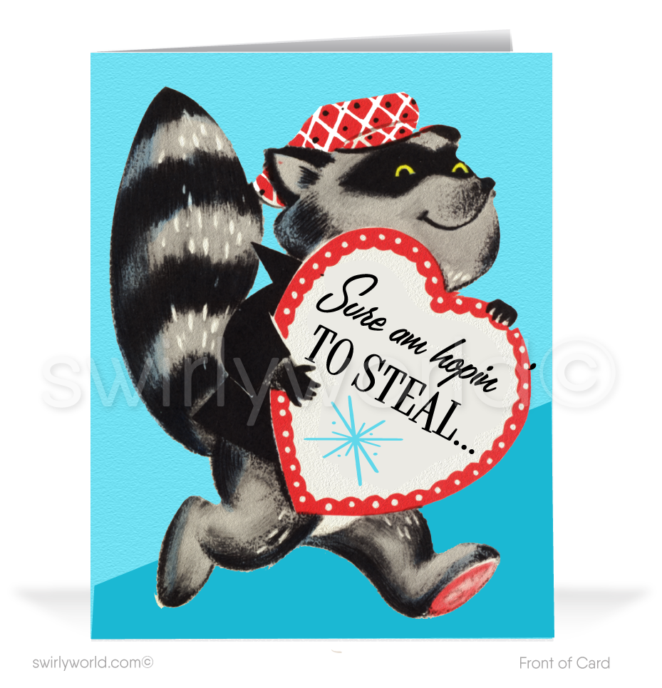 Charming 1940s-1950s Vintage-Inspired Valentine's Day Cards: Retro Racoon with Heart