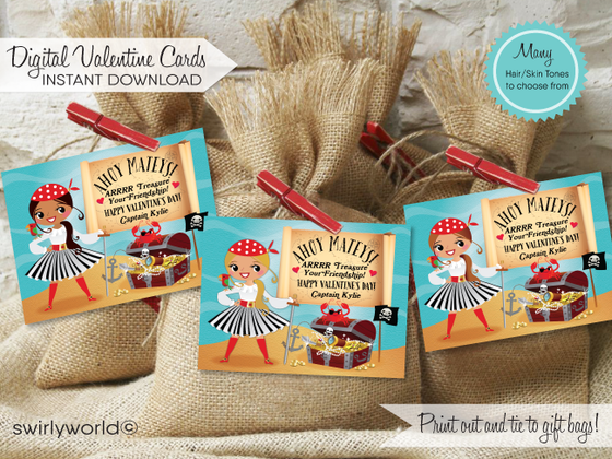 Cute Retro Pirate Captain Valentine's Day Cards for Girls Digital Download