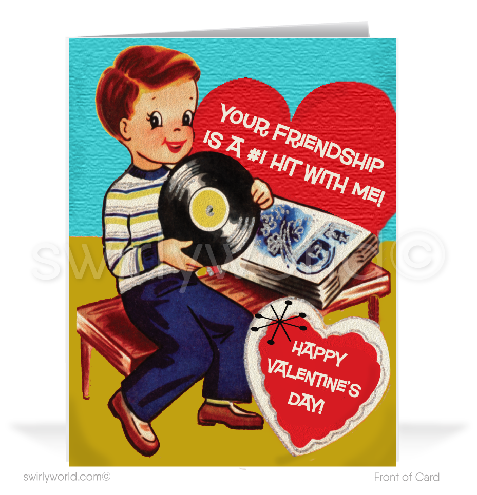 Charming 1940s-1950s Vintage-Inspired Valentine's Day Cards: Retro Boy with Vinyl Records