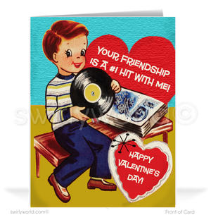 Charming 1940s-1950s Vintage-Inspired Valentine's Day Cards: Retro Boy with Vinyl Records