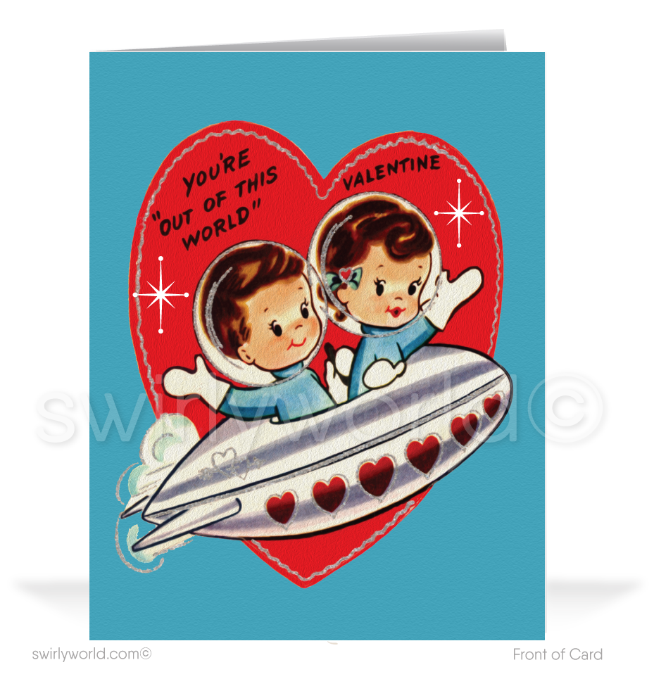 Retro 1950s space astronaut kitsch vintage mid-century vintage Valentine's Day greeting cards.