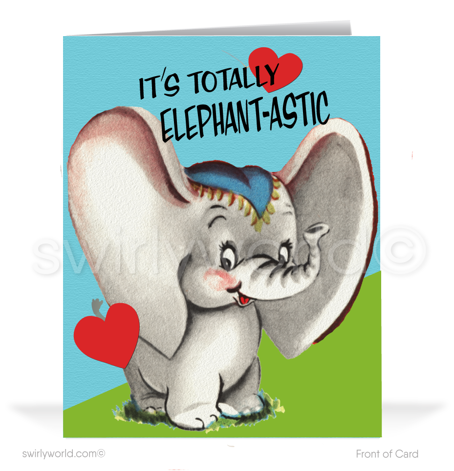 Charming 1940s-1950s Vintage-Inspired Valentine's Day Cards: Retro Elephant with Hearts