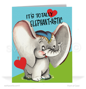 Charming 1940s-1950s Vintage-Inspired Valentine's Day Cards: Retro Elephant with Hearts