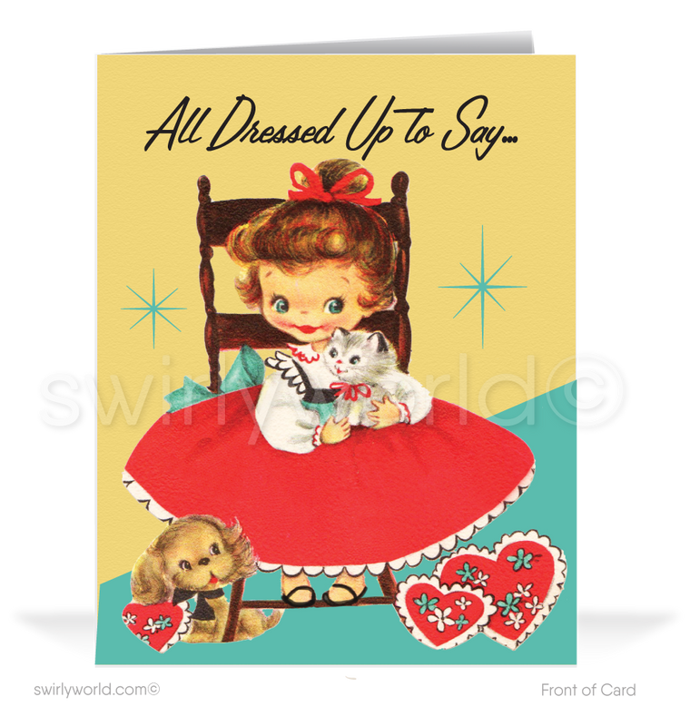 Charming 1940s-1950s Vintage-Inspired Valentine's Day Cards: Adorable Little Girl with Hearts