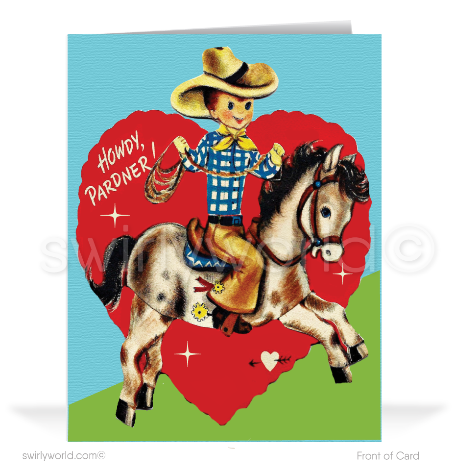 Charming 1940s-1950s Vintage-Inspired Valentine's Day Cards: Retro Cowboy on Horse