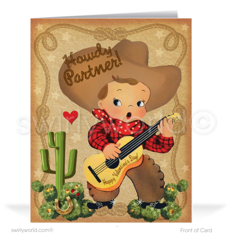 Charming 1940s-1950s Vintage-Inspired Valentine's Day Cards: Retro Singing Cowboy with Hearts
