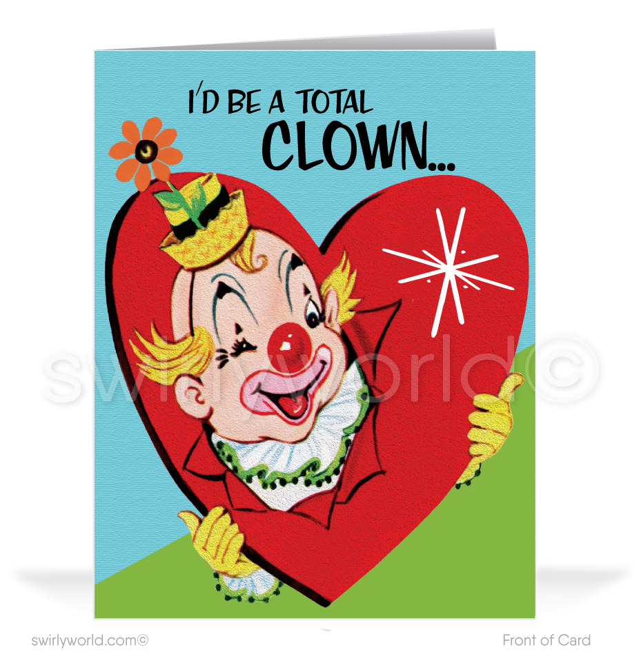 Charming 1940s-1950s Vintage-Inspired Valentine's Day Cards: Retro Clown with Hearts