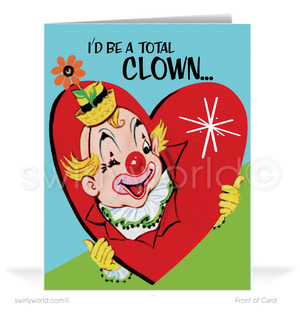 Charming 1940s-1950s Vintage-Inspired Valentine's Day Cards: Retro Clown with Hearts