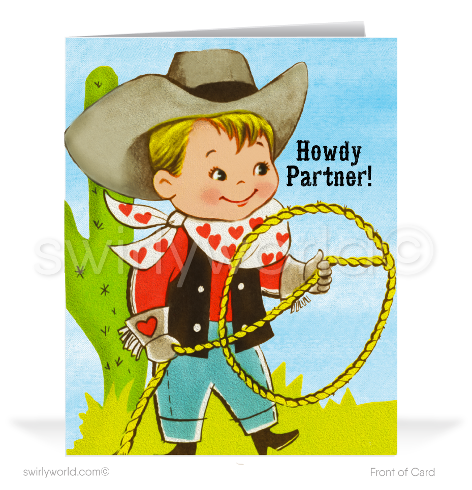 Charming 1940s-1950s Vintage-Inspired Valentine's Day Cards: Retro Cowboy with Lasso Hearts