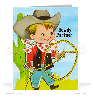Charming 1940s-1950s Vintage-Inspired Valentine's Day Cards: Retro Cowboy with Lasso Hearts