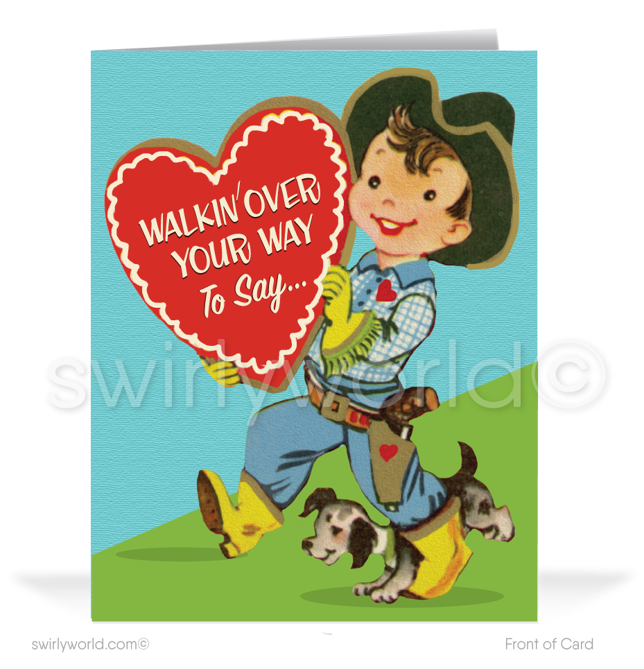Charming 1940s-1950s Vintage-Inspired Valentine's Day Cards: Retro Western Cowboy with Hearts