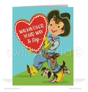 Charming 1940s-1950s Vintage-Inspired Valentine's Day Cards: Retro Western Cowboy with Hearts