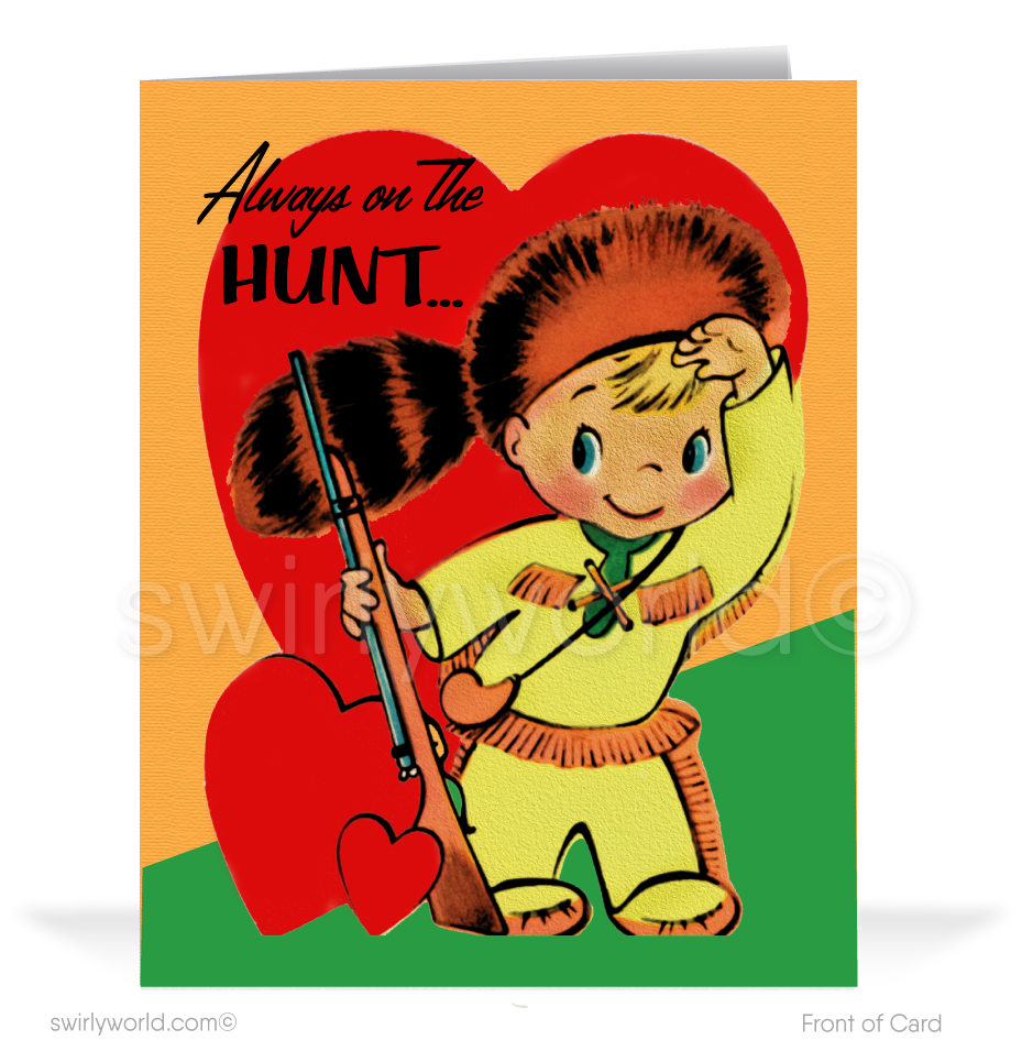 Charming 1940s-1950s Vintage-Inspired Valentine's Day Cards: Retro Boy Hunter with Hearts